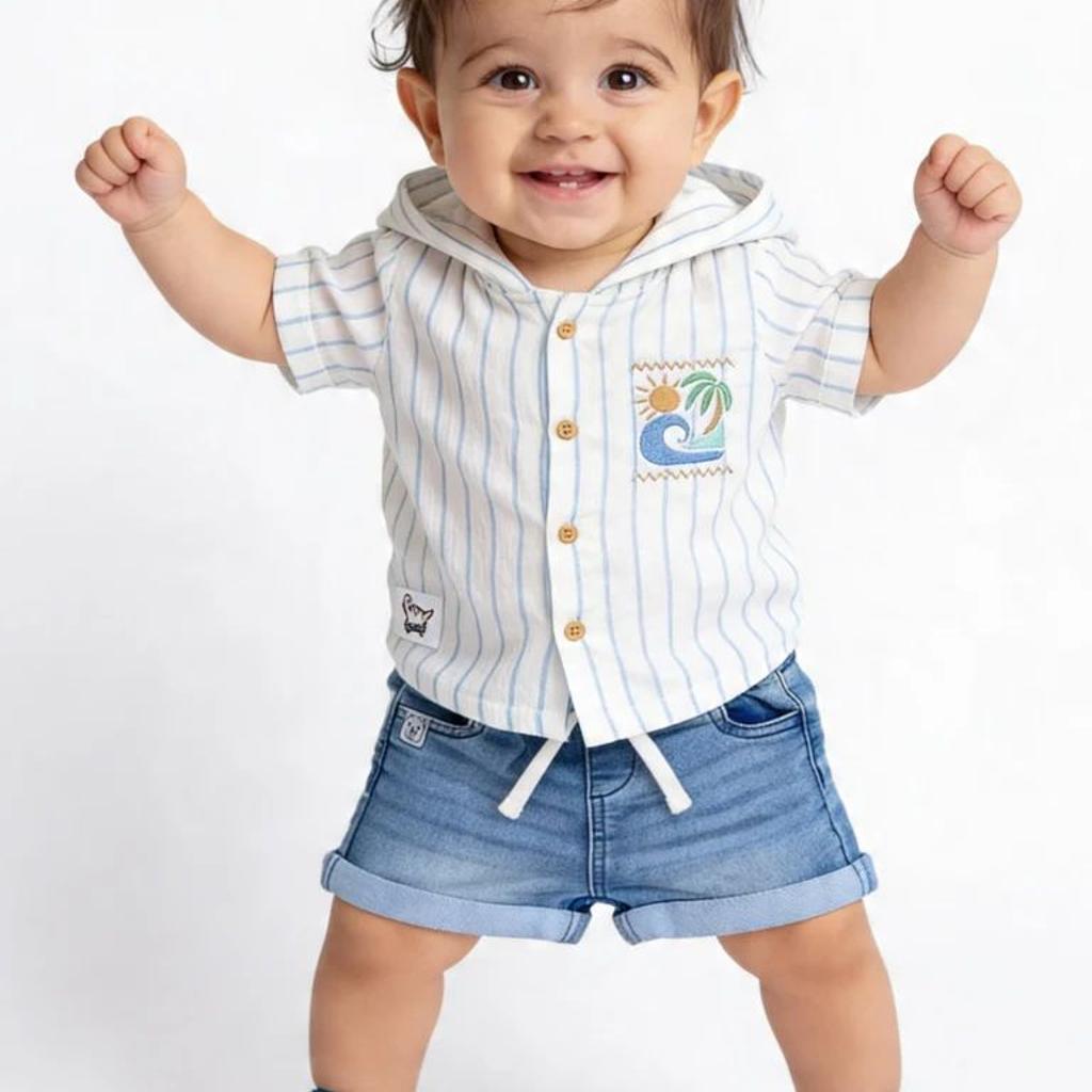 HOP Baby Boys Blue Washed Regular Fit Denim Shorts