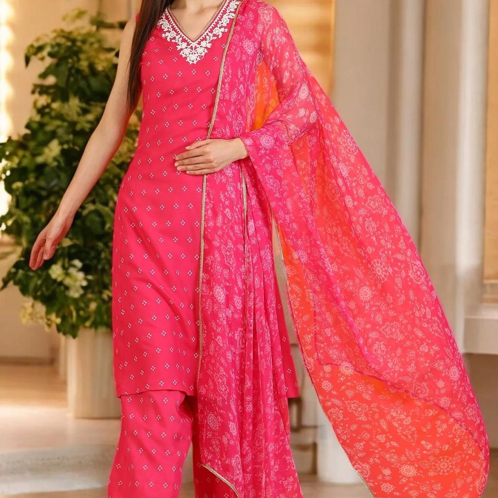 Pink Embroidered Shantung Sleeveless Kurta, Cropped Pants and Dupatta Set