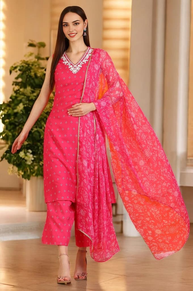 Pink Embroidered Shantung Sleeveless Kurta, Cropped Pants and Dupatta Set — XS