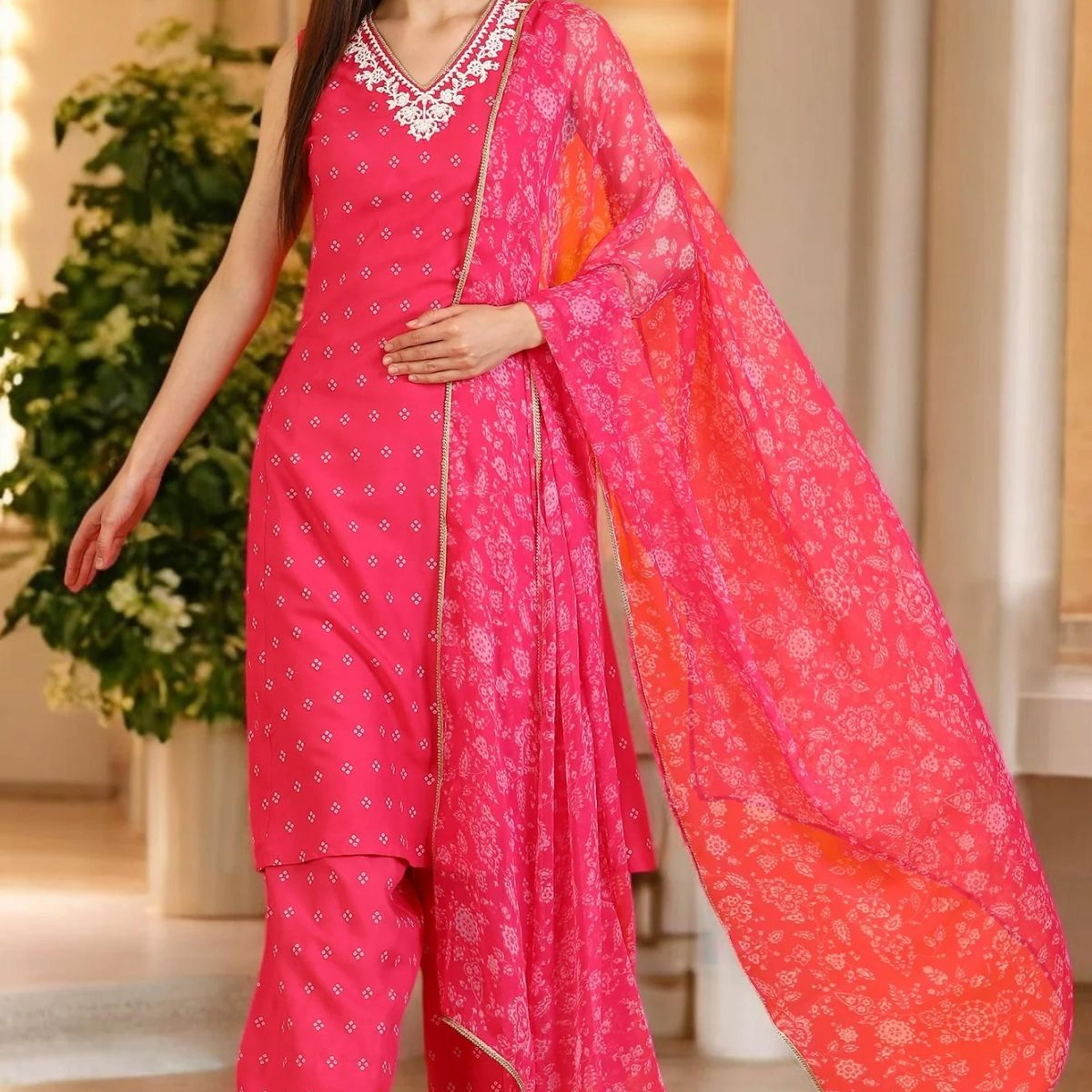 Pink Embroidered Shantung Sleeveless Kurta, Cropped Pants and Dupatta Set