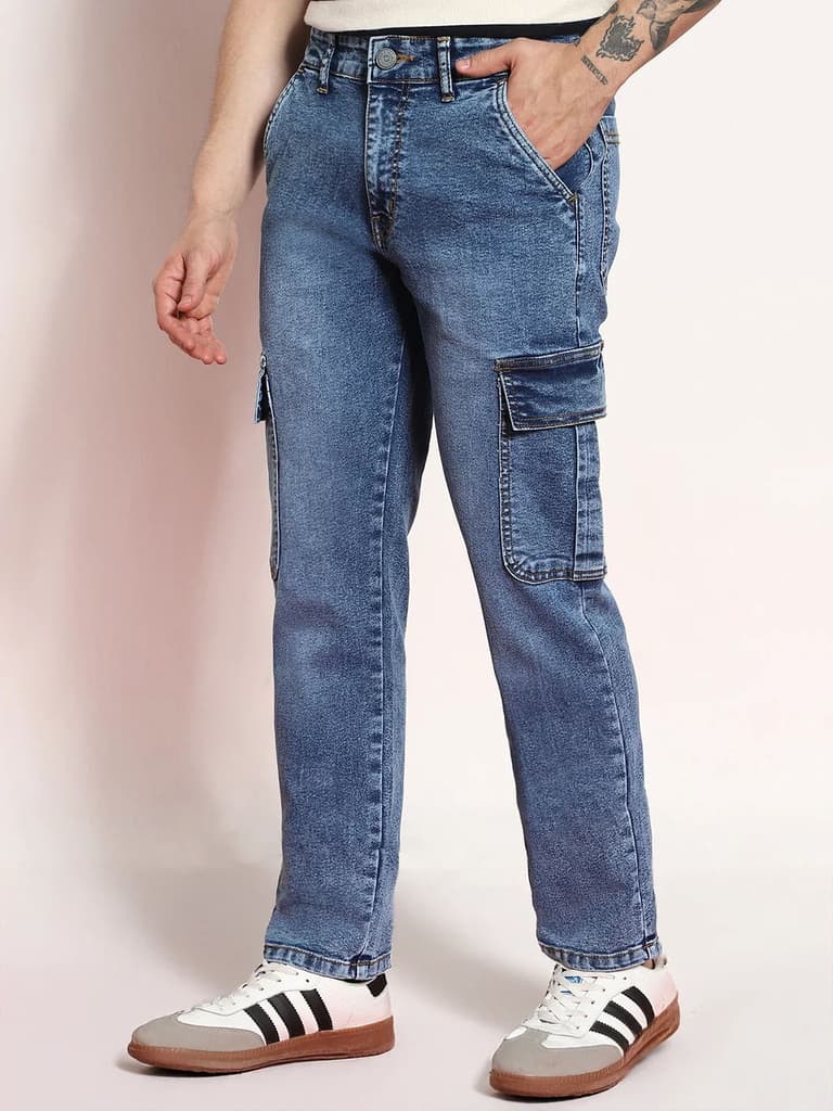 Men's Light Blue Regular Fit Washed Cargo Jeans With 6 Pockets Stretchable — photo 4