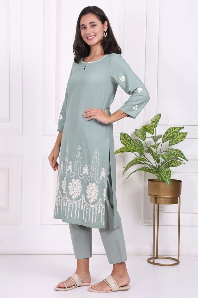 Light Green Embroidered Rayon Straight Kurta and Straight Pants Co-ord Set — photo 4