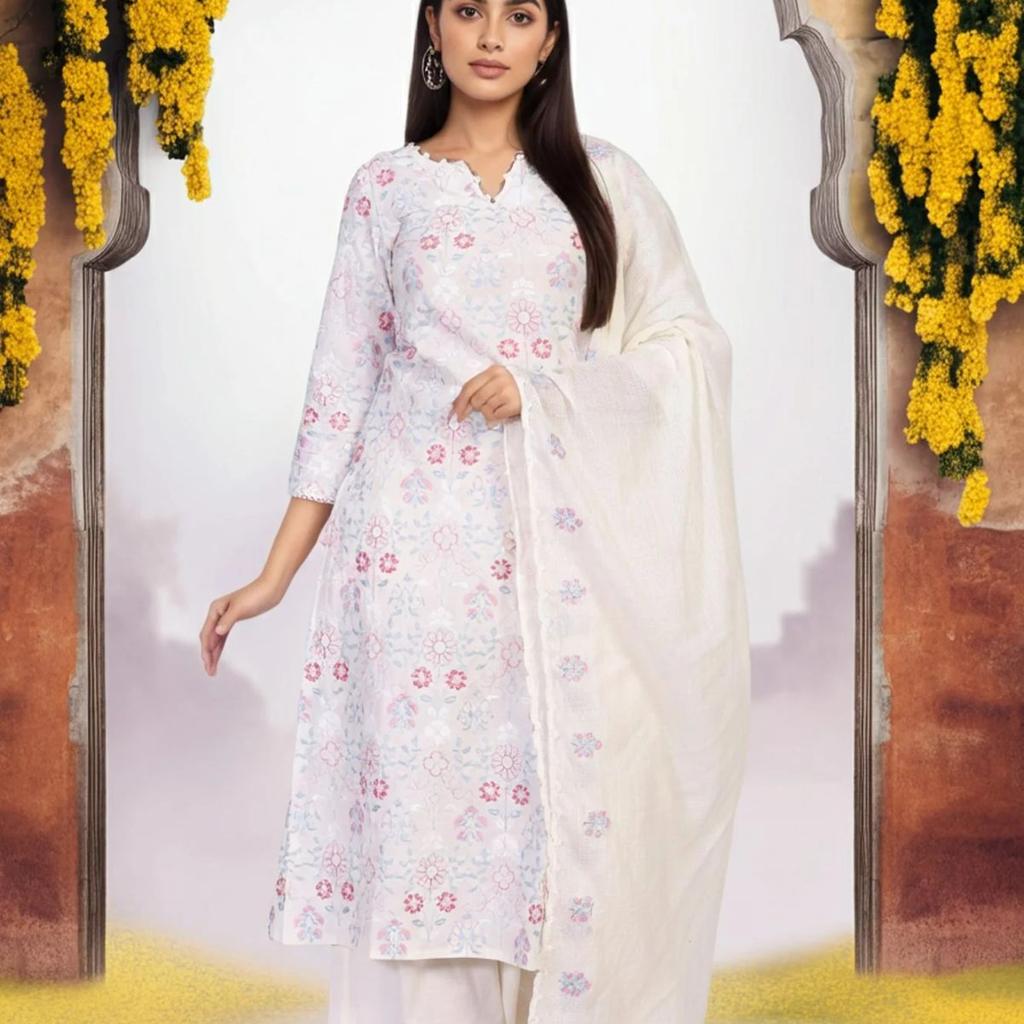 Off-White Embroidered Lace Trim Straight Cotton Kurta with Flared Pant and Dupatta Set