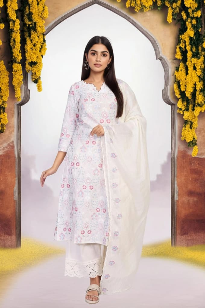 Off-White Embroidered Lace Trim Straight Cotton Kurta with Flared Pant and Dupatta Set — XS