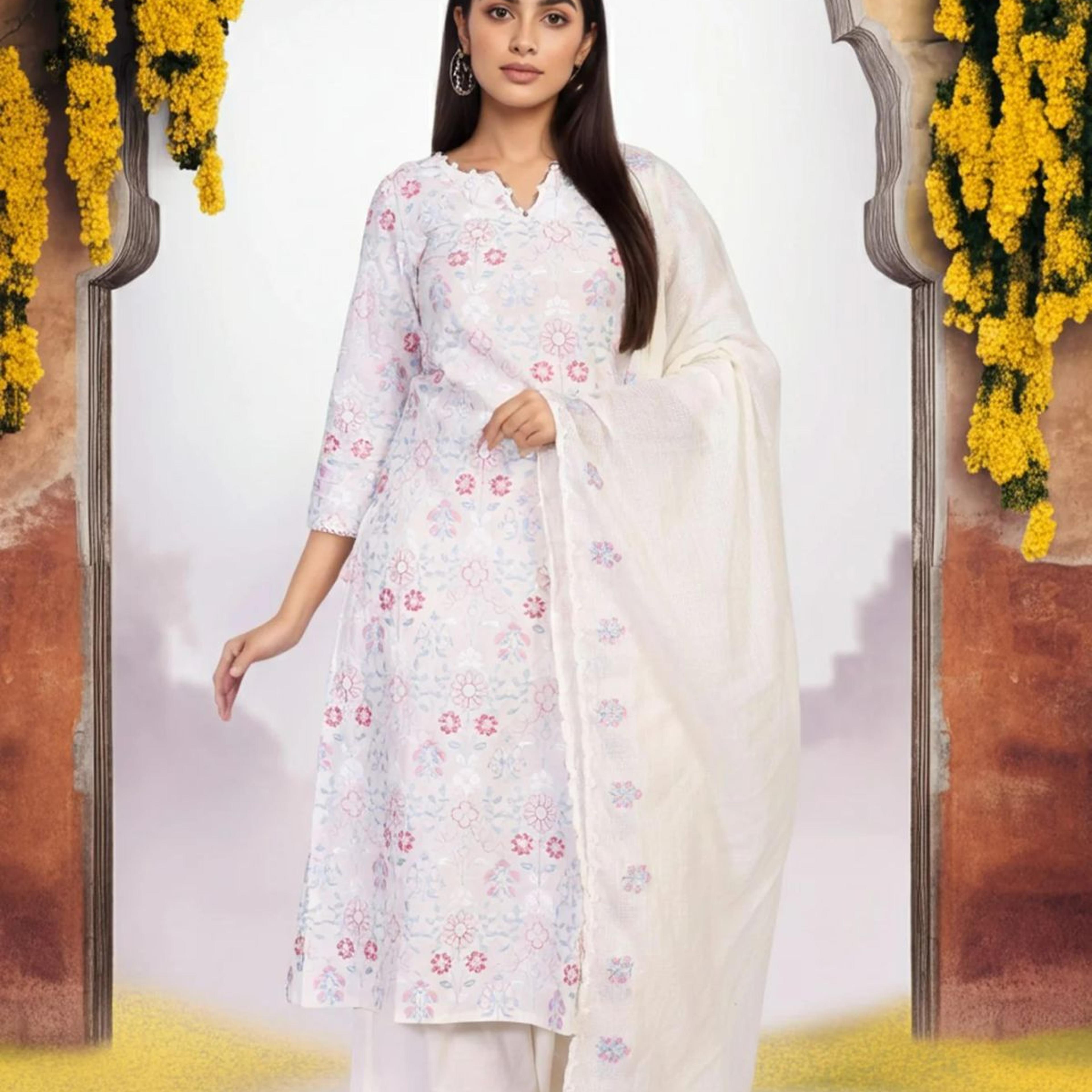 Off-White Embroidered Lace Trim Straight Cotton Kurta with Flared Pant and Dupatta Set