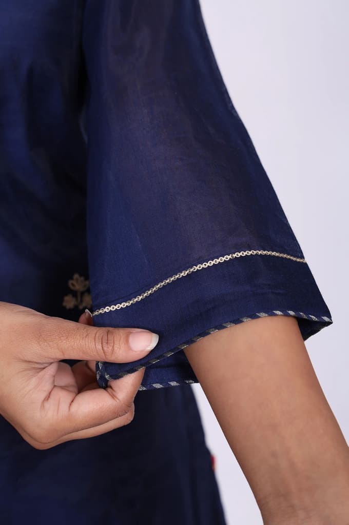 Navy Blue Zari Chanderi Straight Kurta with Straight Pant and Dupatta Set — photo 5