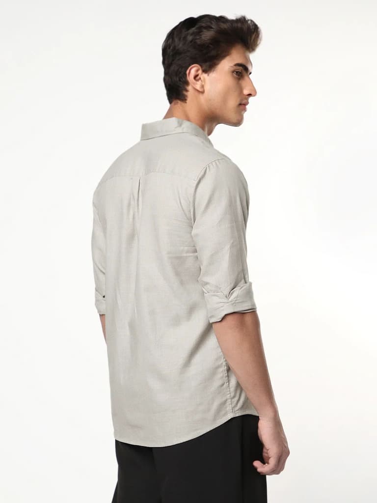 Men's Grey Linen Blend Full Sleeve Relaxed Fit Casual Solid Shirt — photo 3