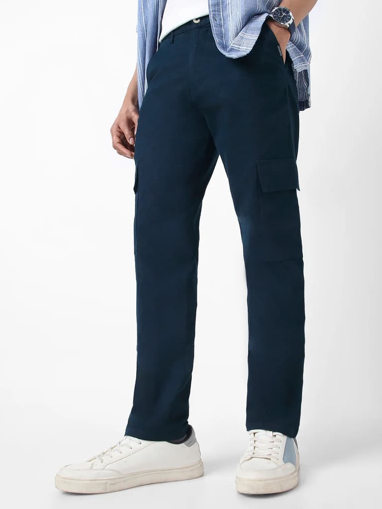 Men's Navy Regular Fit Solid Cargo Chino Pant with 6 Pockets Stretchable — 28 / Navy