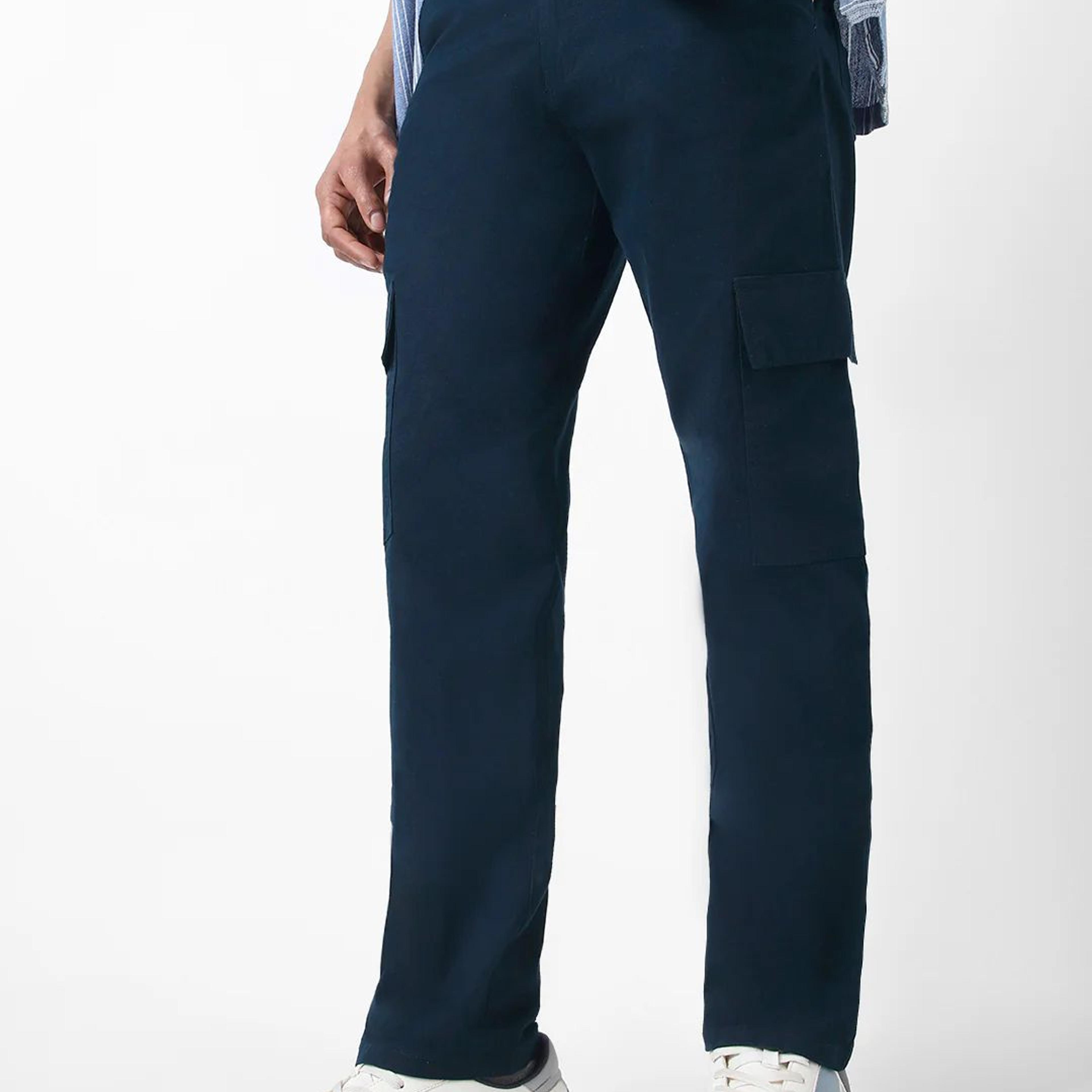 Men's Navy Regular Fit Solid Cargo Chino Pant with 6 Pockets Stretchable
