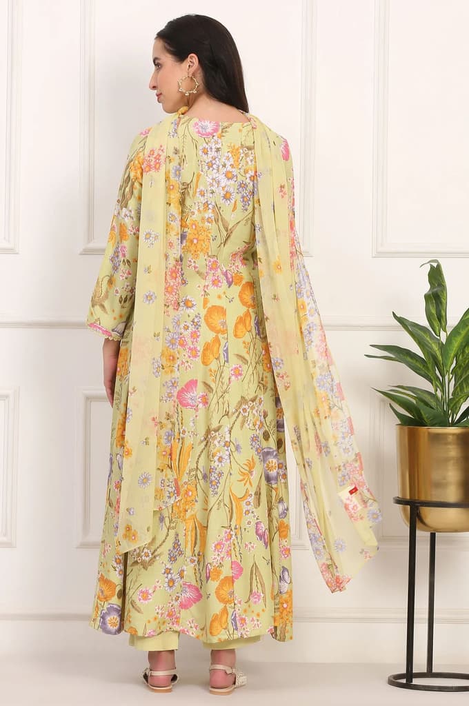 Light Green Floral Printed Rayon Anarkali Kurta, Pant and Dupatta Set — photo 6
