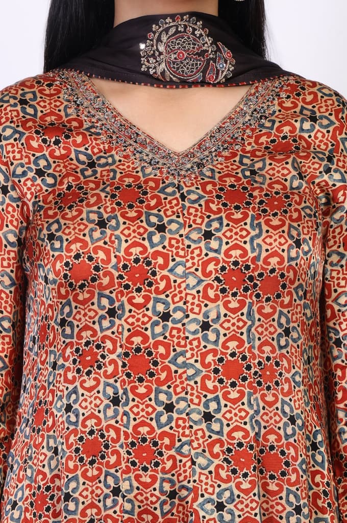 Beige Ethnic Motifs Printed Embellished Anarkali Satin Kurta with Straight Pant and Dupatta Set — photo 3