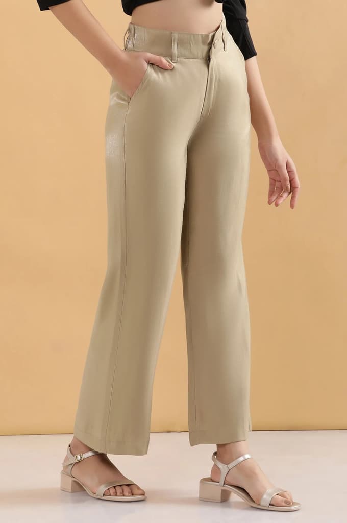 Gold Solid Straight Fit Woven Pants With Elasticated Back — photo 5