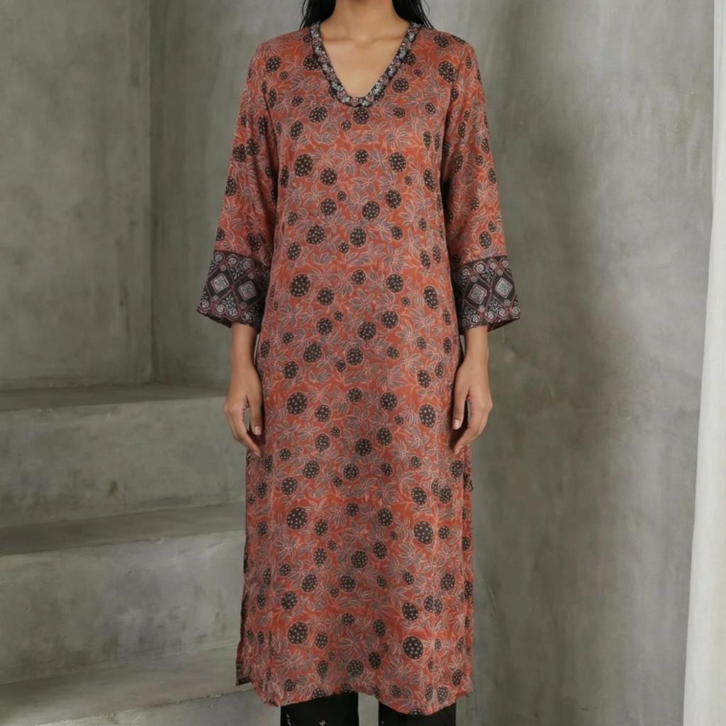 Brick Red Ajrak Printed Mirror Work Modal Satin Straight Kurta