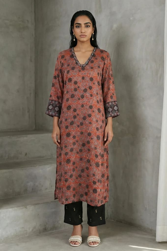 Brick Red Ajrak Printed Mirror Work Modal Satin Straight Kurta — XS