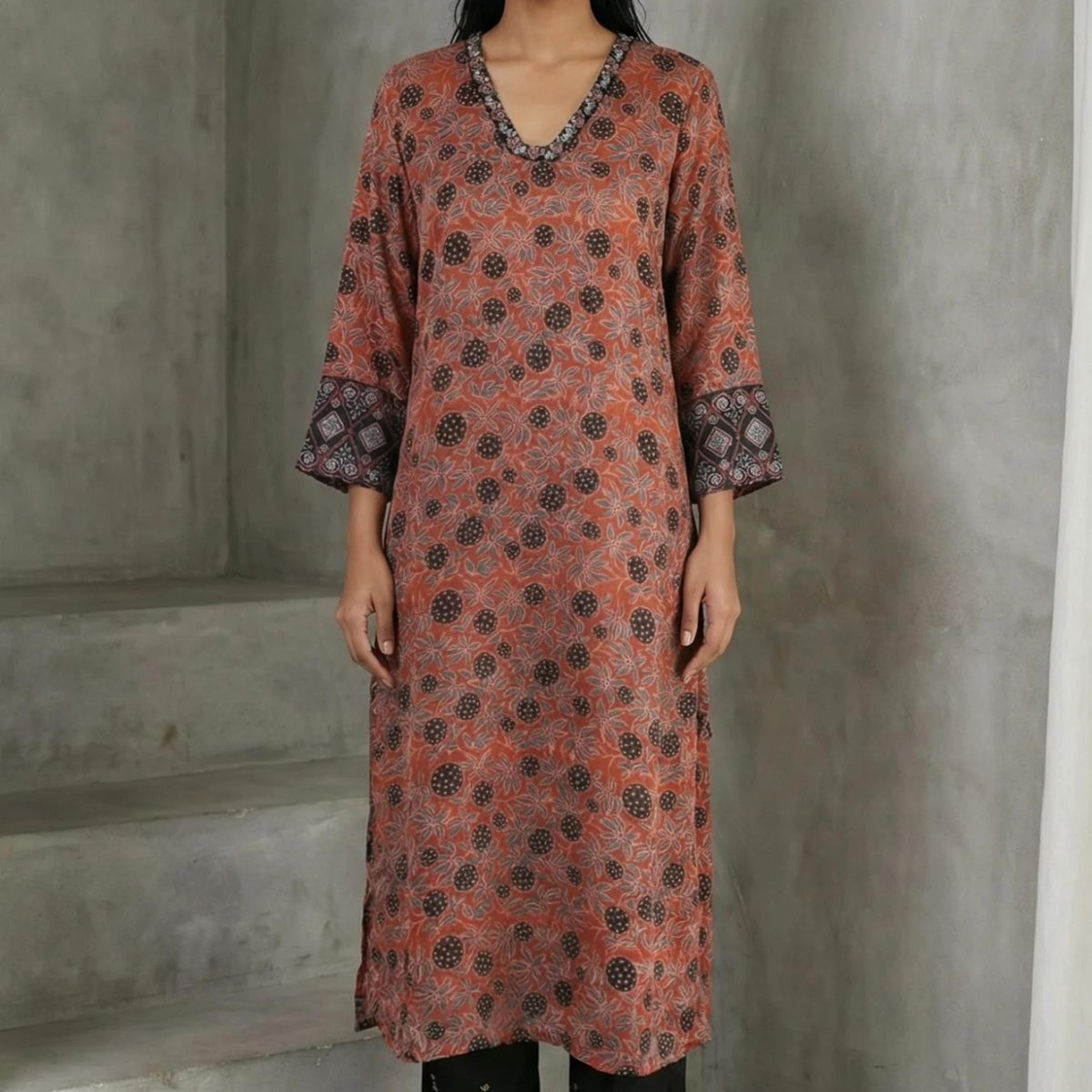 Brick Red Ajrak Printed Mirror Work Modal Satin Straight Kurta
