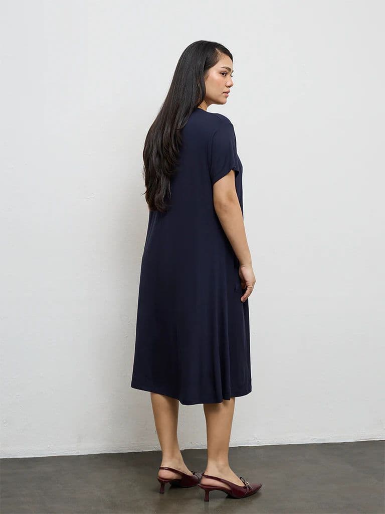 Gia Navy Solid Cotton A-Line Dress — photo 4