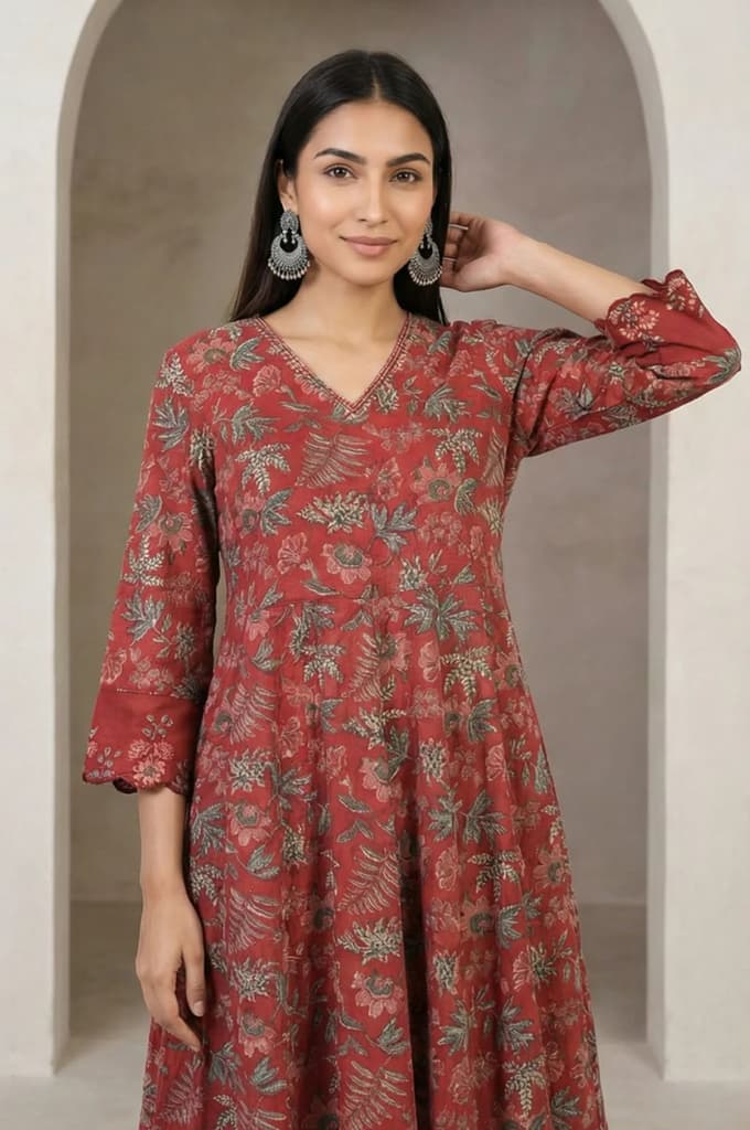 Maroon Floral Printed Embroidered Pure Cotton A-line Kurta — photo 3