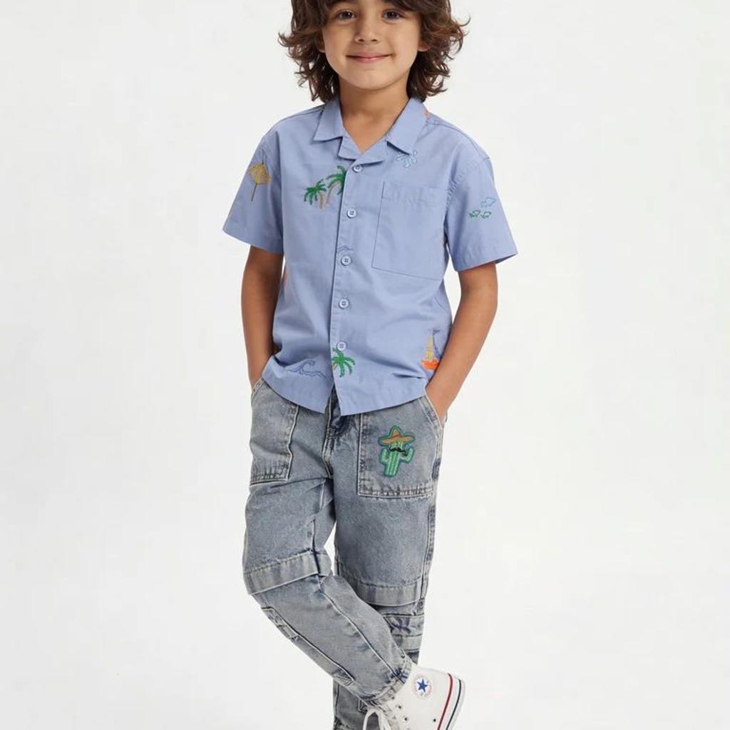 HOP Kids Boys Blue Straight Fit Cargo Jeans