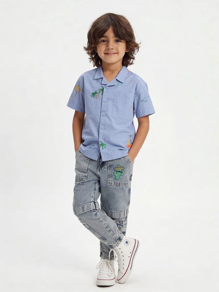 HOP Kids Boys Blue Straight Fit Cargo Jeans