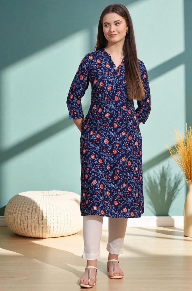 Blue Bold Floral Printed Cotton Cambric Straight Kurta — XS