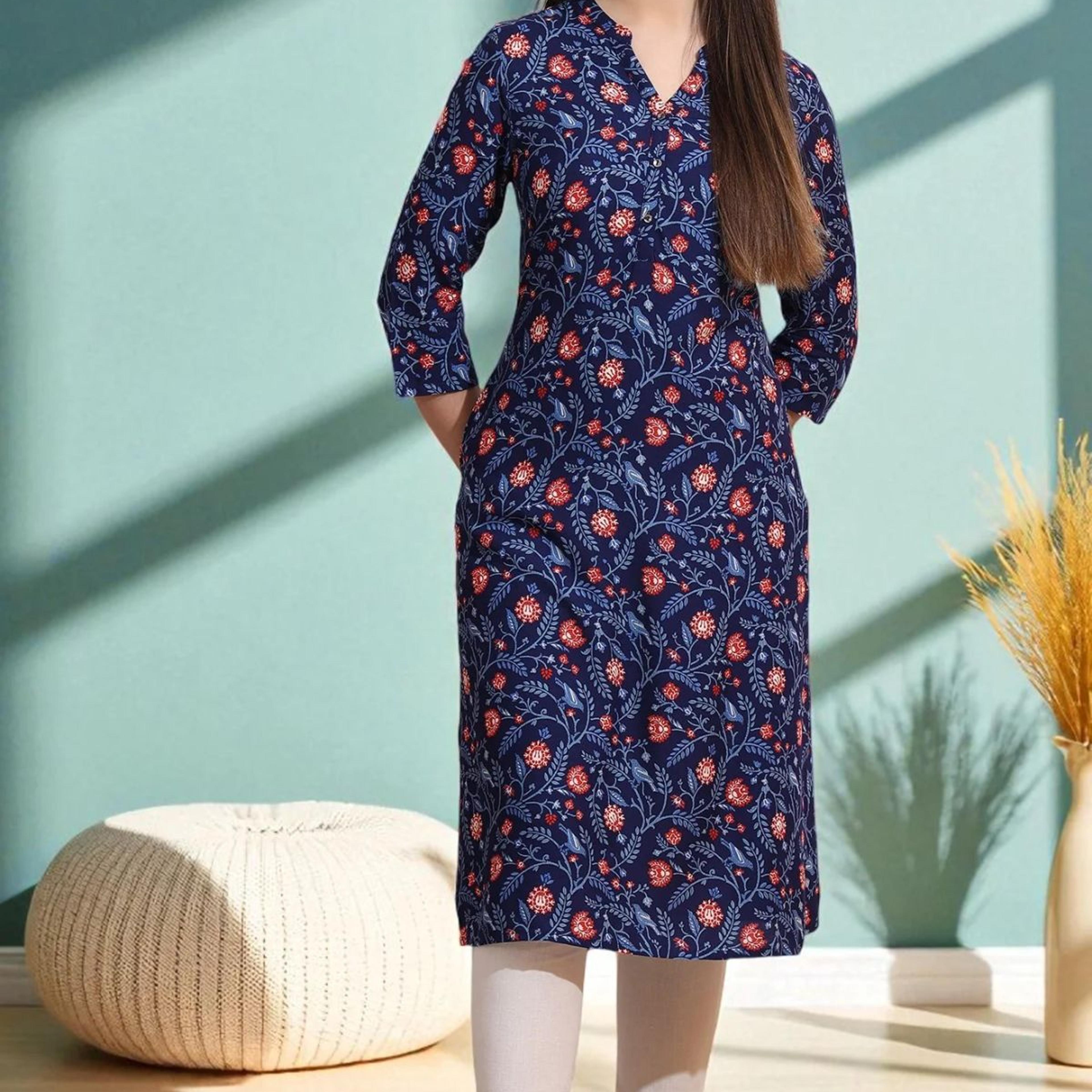 Blue Bold Floral Printed Cotton Cambric Straight Kurta