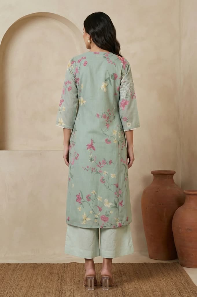 Sea Green Floral Printed Embroidered Chanderi Straight Kurta — photo 5