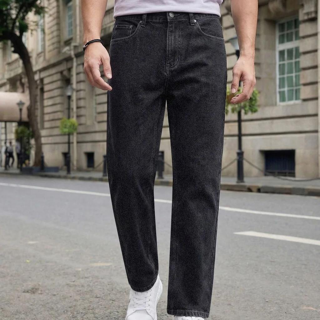Men's Dark Grey Relaxed Fit Washed Denim Jeans Non-Stretchable