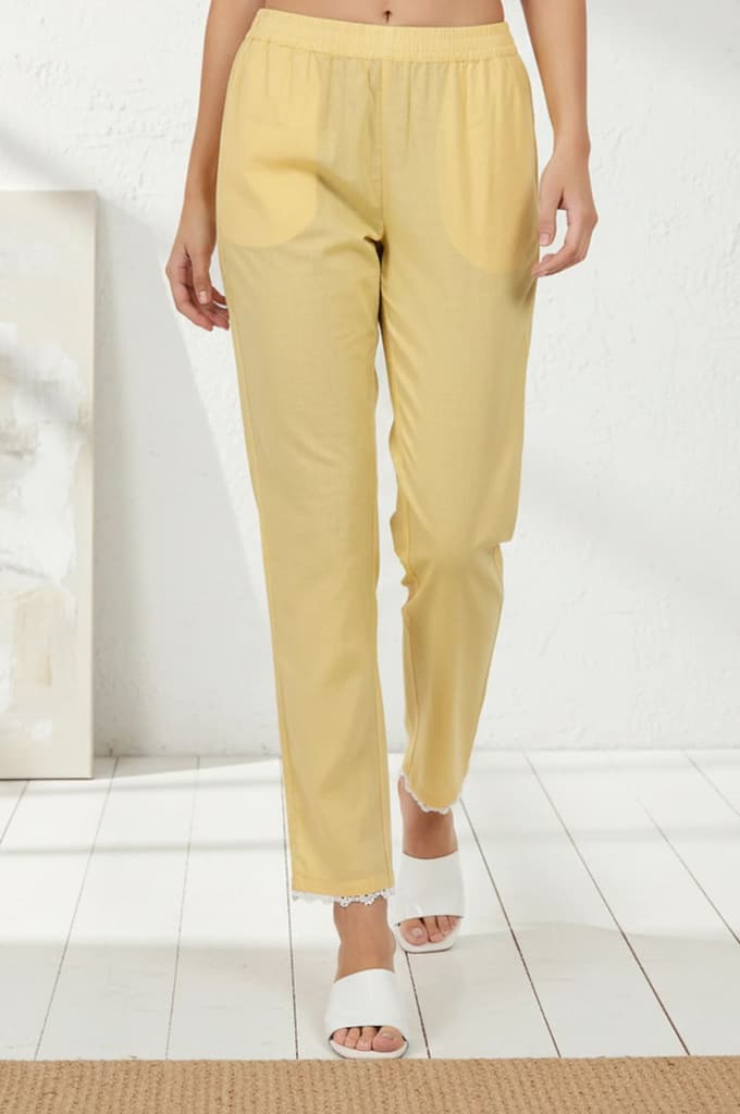 Yellow Solid Pure Cotton Ankle Length Mid Rise Straight Pants — XS