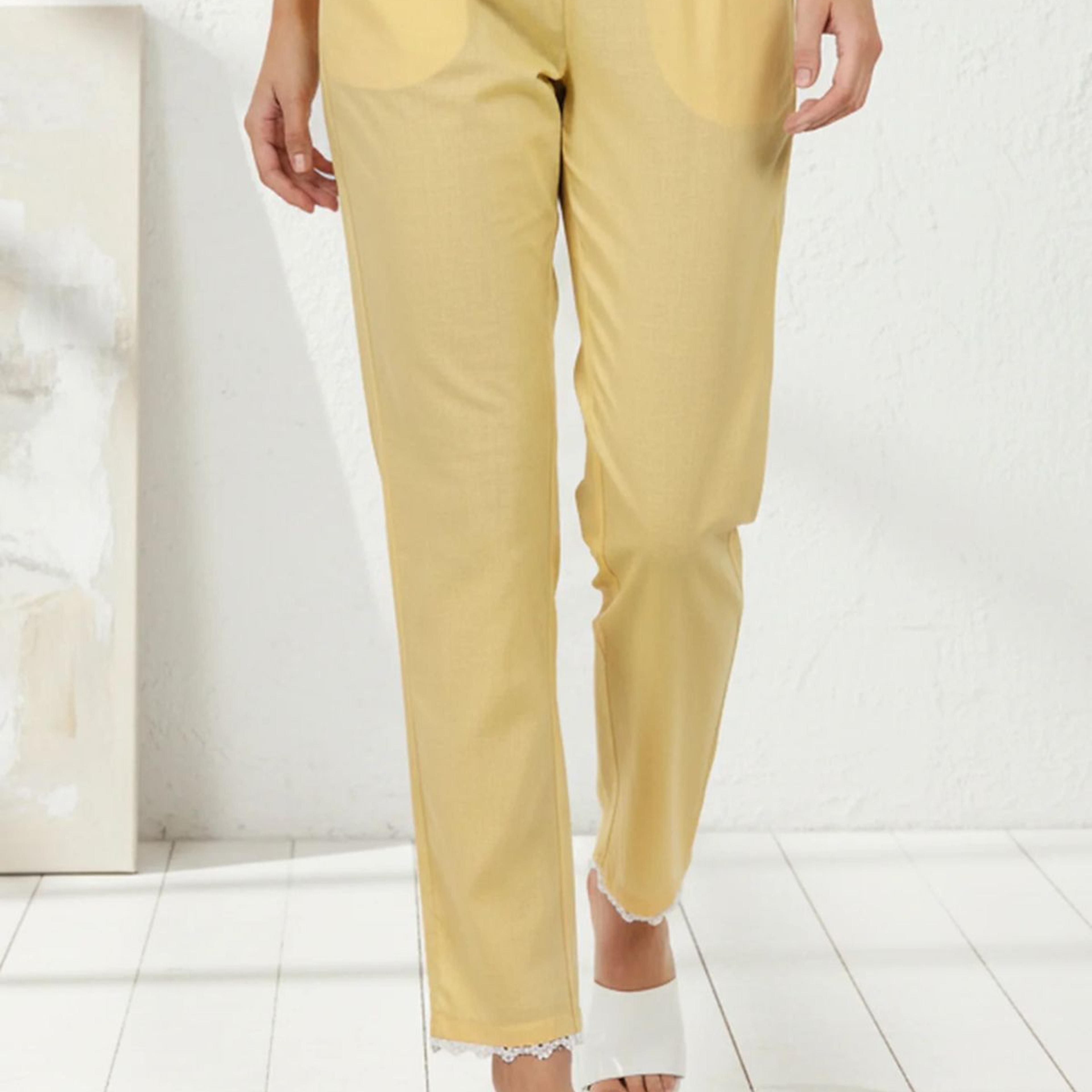 Yellow Solid Pure Cotton Ankle Length Mid Rise Straight Pants