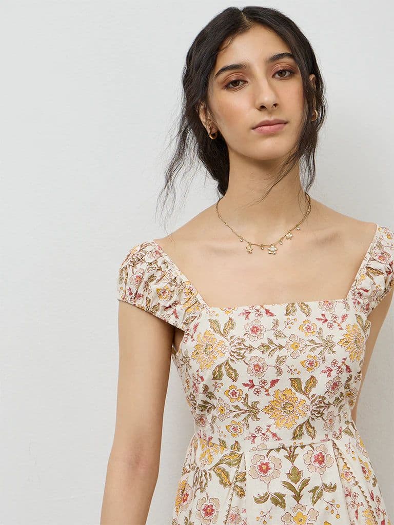 Bombay Paisley Beige Floral Printed Cotton A-Line Dress — photo 3