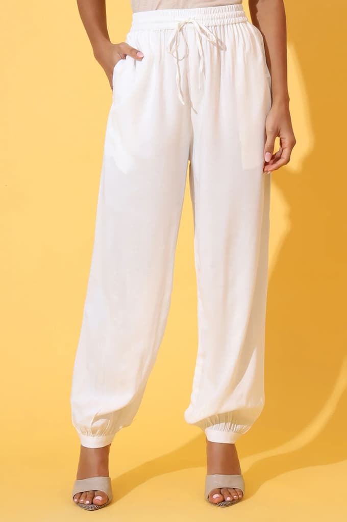White Solid Ankle Length Rayon Harem Pants — photo 2