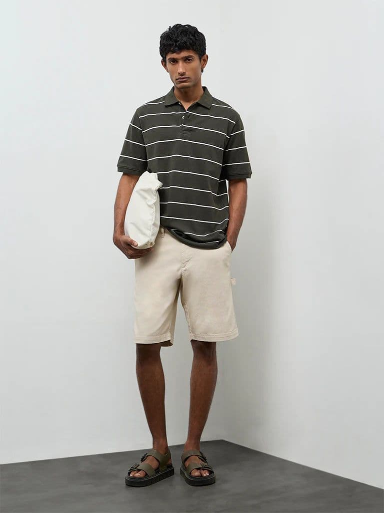 WES Casuals Dark Olive Striped Relaxed-Fit Cotton Polo T-Shirt — photo 2