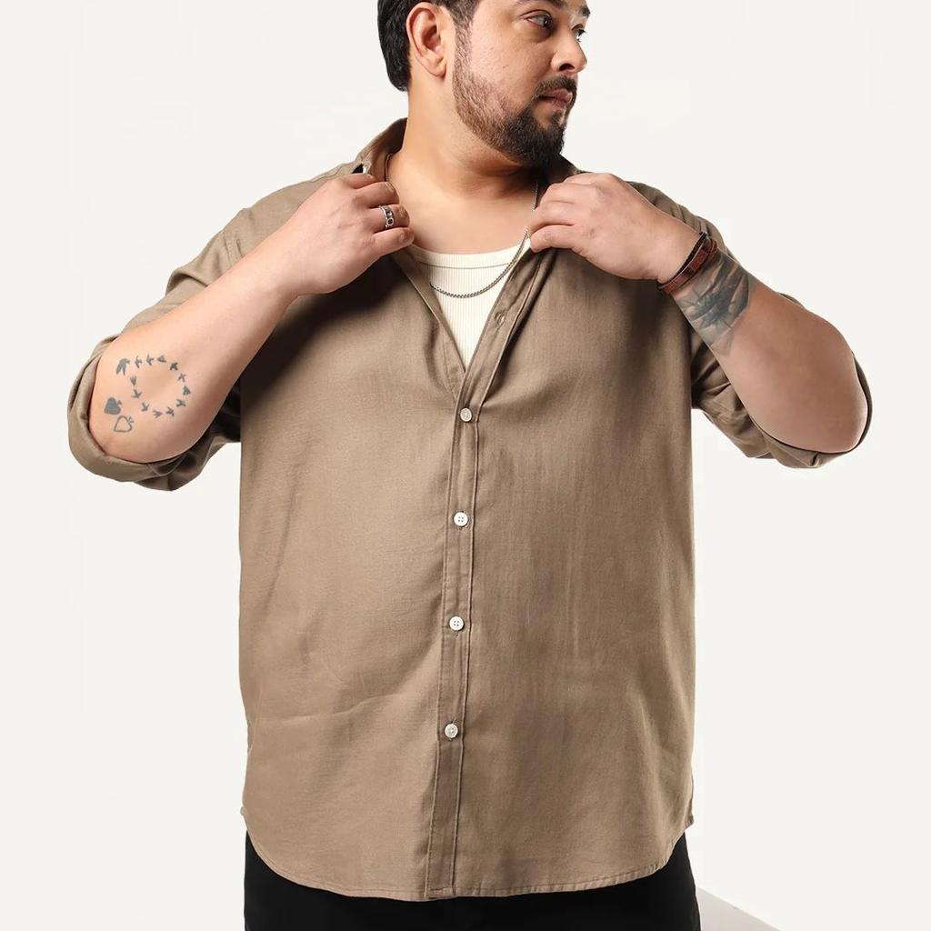 Plus Men's Coffee Linen Blend Full Sleeve Relaxed Fit Casual Solid Shirt