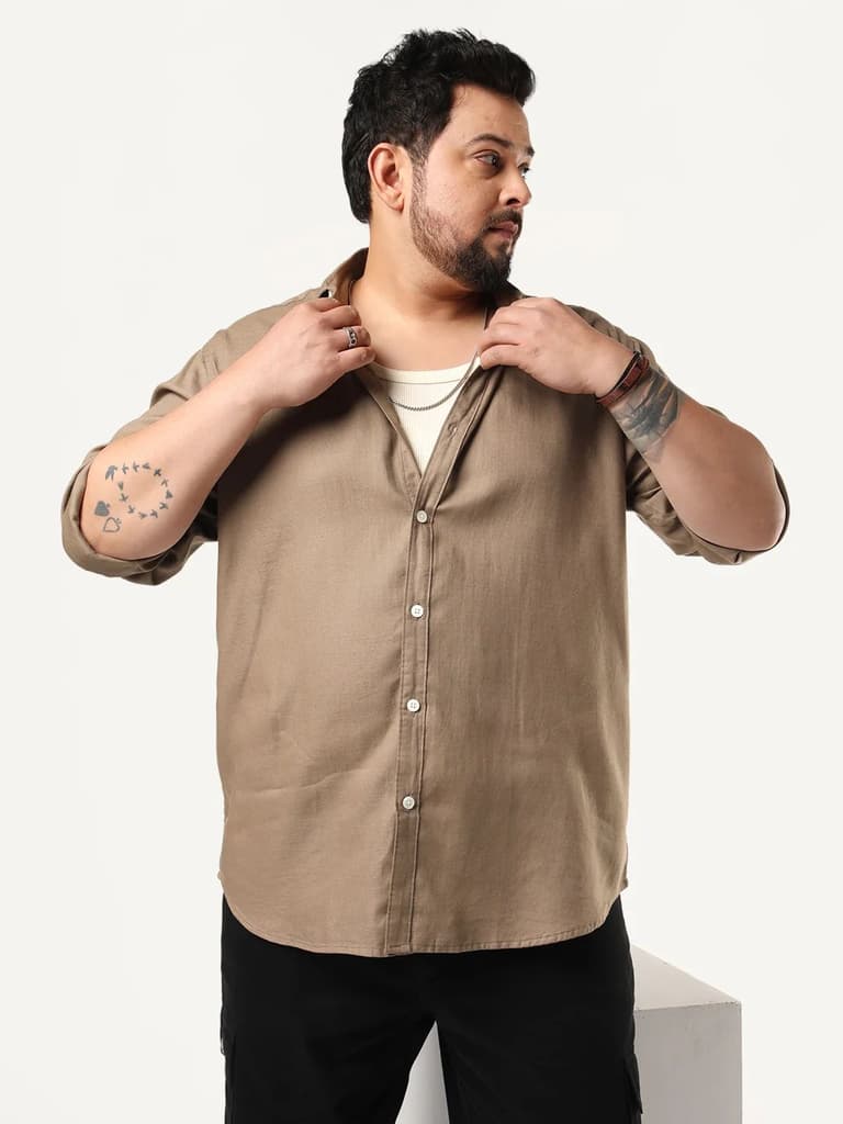 Plus Men's Coffee Linen Blend Full Sleeve Relaxed Fit Casual Solid Shirt — 2XL / Coffee