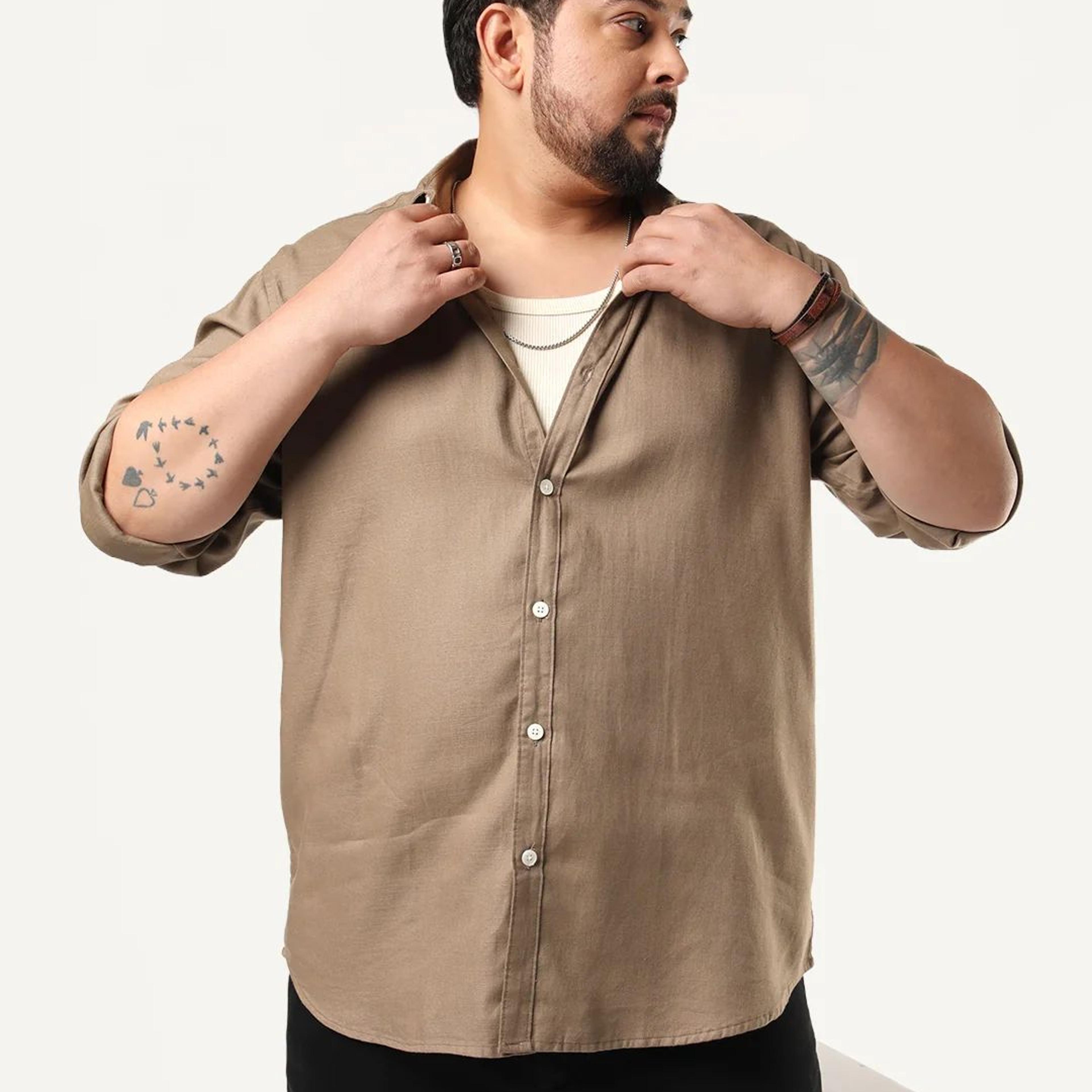 Plus Men's Coffee Linen Blend Full Sleeve Relaxed Fit Casual Solid Shirt