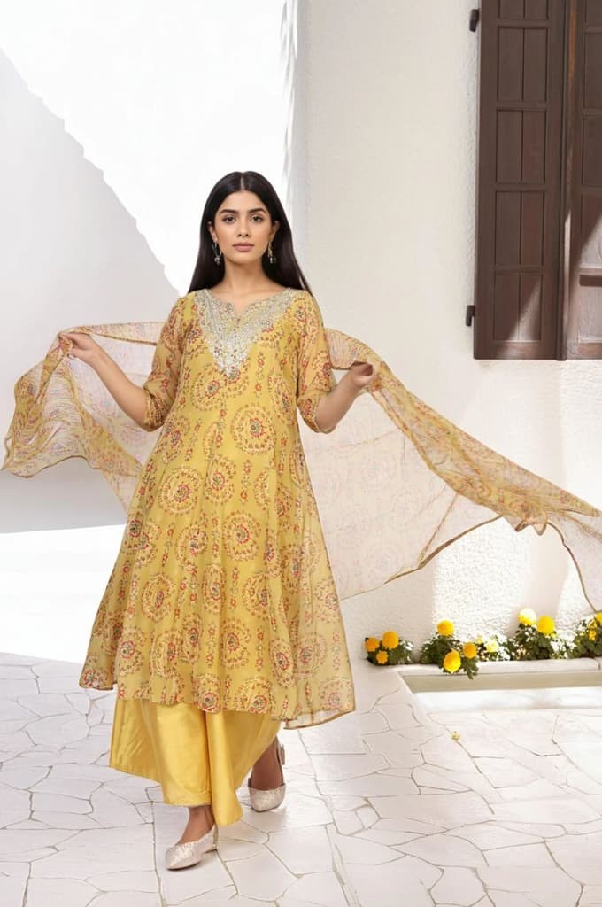 Yellow Embroidered Anarkali Organza Kurta with Flared Pant and Dupatta Set — photo 2