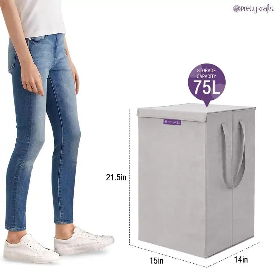 PrettyKrafts 75 L Foldable Laundry Basket L1113 | Cloth Storage Hamper with Lid & Handles | Grey - Large — photo 2