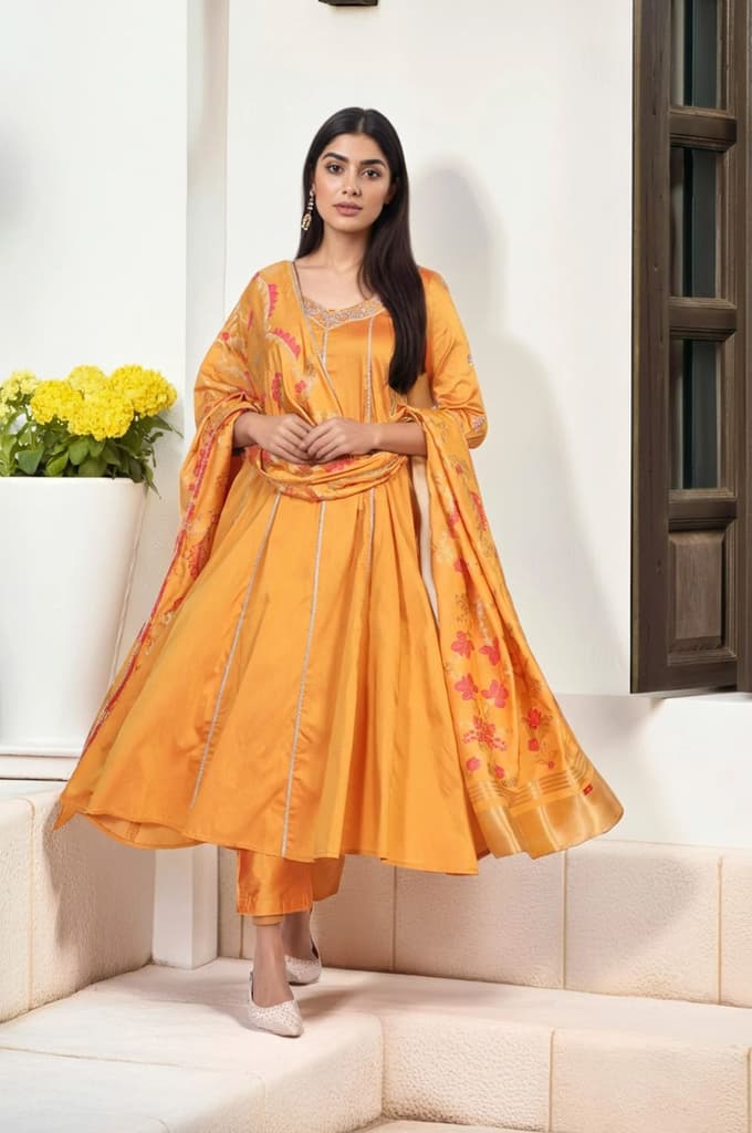 Yellow Embroidered Anarkali Jacquard Kurta with Straight Pant and Dupatta Set — photo 2