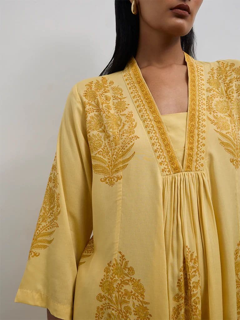 Zuba Yellow Floral Printed A-Line Kurta — photo 3