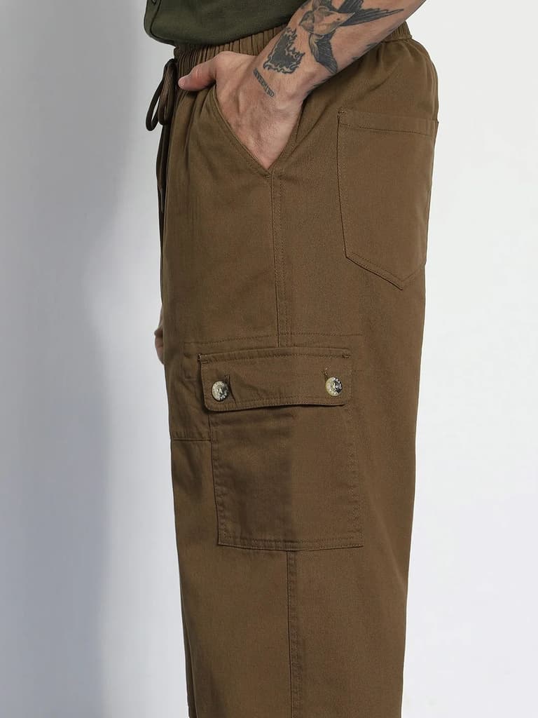 Men's Brown Loose Baggy Fit Cargo Jogger Chino Pant with 6 Pockets Stretchable — photo 7