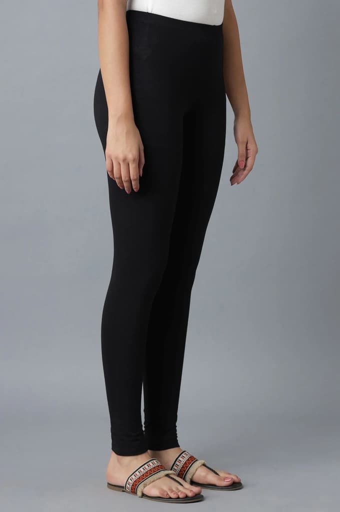 Black Solid Cotton Lycra Skinny Fit Ankle Length High Rise Leggings — photo 4