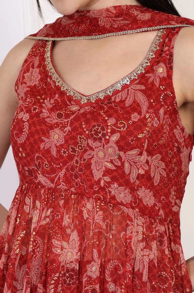 Red Floral Printed Lace Trim Anarkali Chiffon Kurta with Flared Pant and Dupatta Set — photo 3