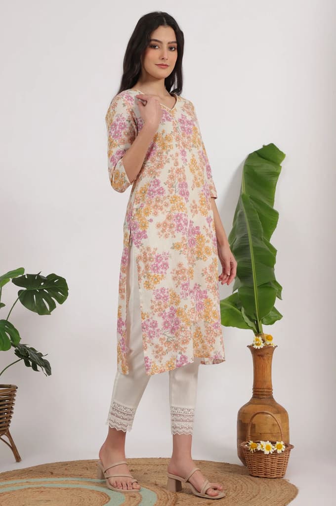 White Floral Printed Pure Cotton Straight Kurta — photo 7