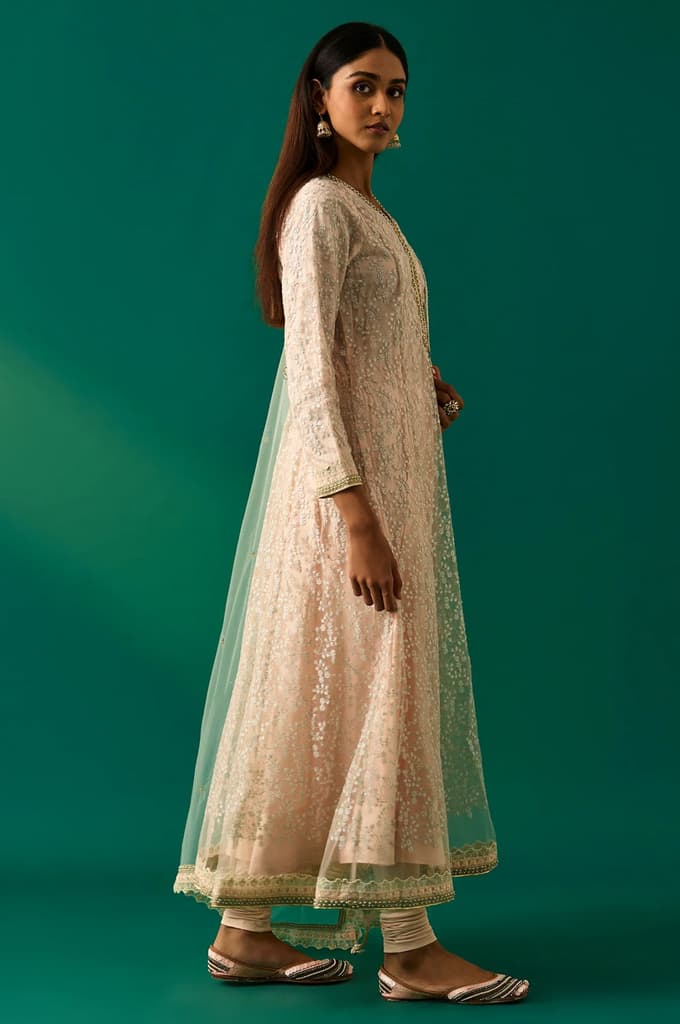 Beige Embroidered Anarkali Net Kurta with Churidar and Dupatta Set — photo 4
