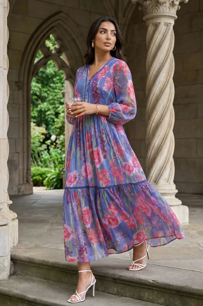 Blue Floral Printed Chiffon Flared Dress — photo 2