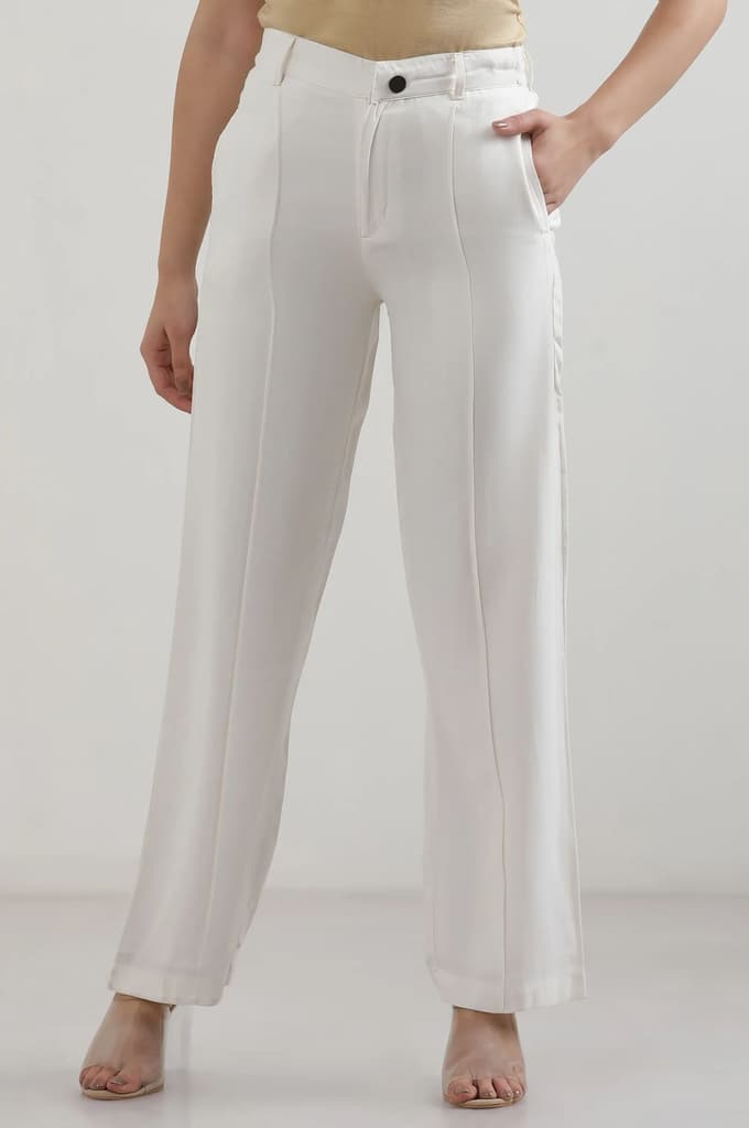 White Solid Straight Fit Rayon Pants — photo 2