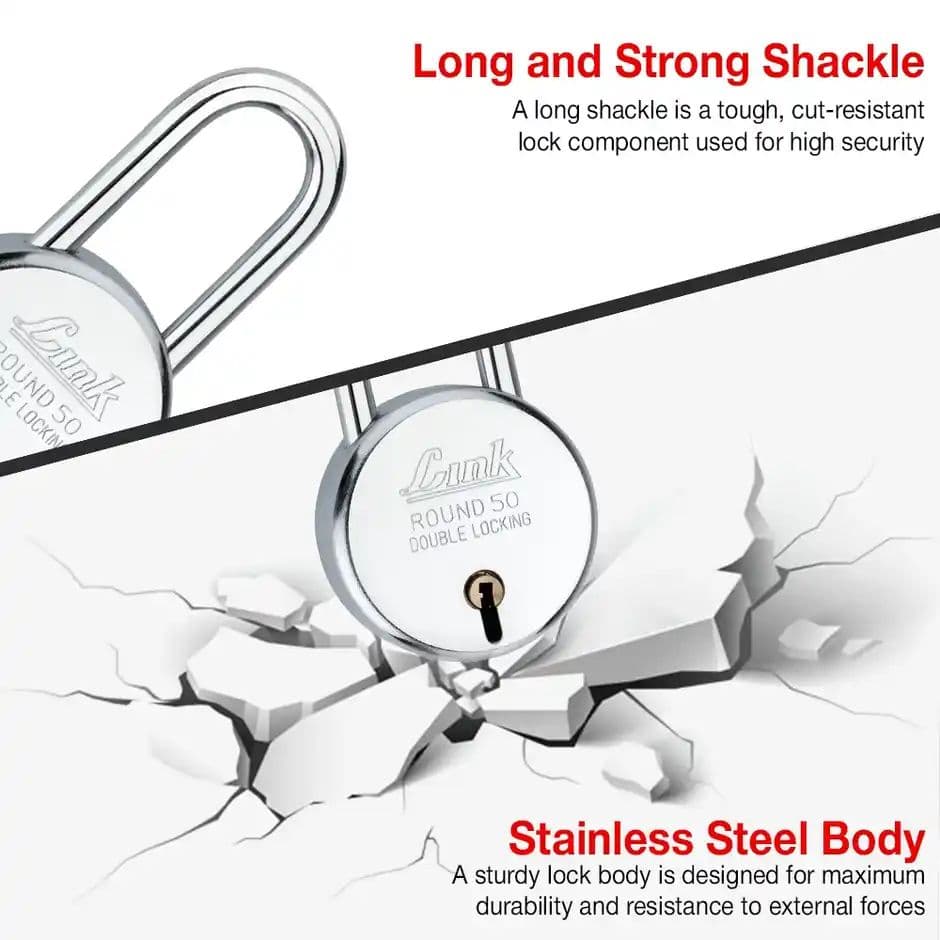 Link New Round Stainless steel 50 mm Long shackle Padlock with 3 keys — photo 3