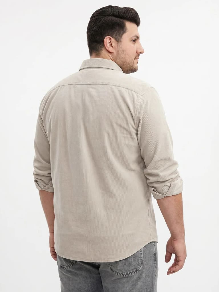 Plus Men's White Corduroy Full Sleeve Regular Fit Solid Overshirt with Utility Pockets — photo 3