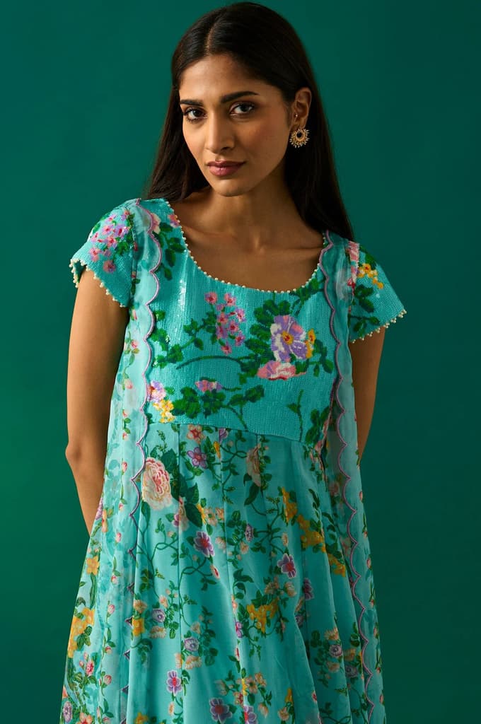 Aqua Blue Embroidered Sequined Flared Georgette Dress with Gillet Set — photo 2