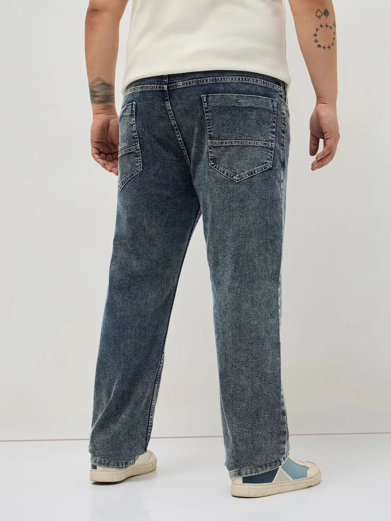 Plus Men's Blue Regular Fit Towel Washed Yellow Tint Denim Jeans Stretchable — photo 3